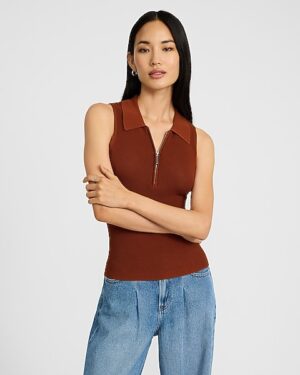 Fitted Ribbed Collared Zip Up Sweater Tank