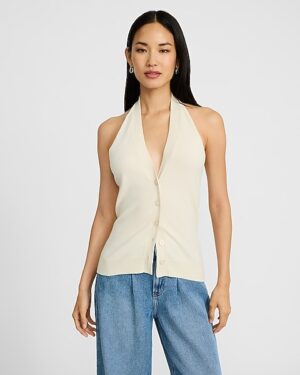 Halter V-Neck Button Front Sweater Vest