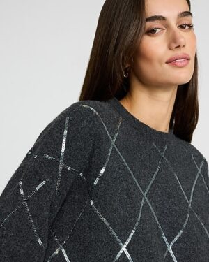 Sequin Argyle Crew Neck Sweater