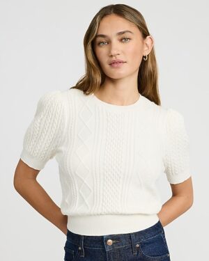 Cable Knit Crew Neck Puff Sleeve Sweater