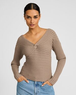 Ribbed V-Neck Twist Front Sweater
