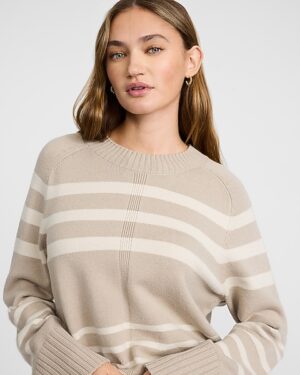 Plush Airy Soft Striped Crew Neck Wide Sleeve Sweater
