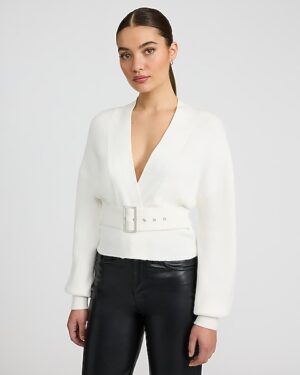 Airy Soft Ribbed Deep V-Neck Belted Wrap Cardigan