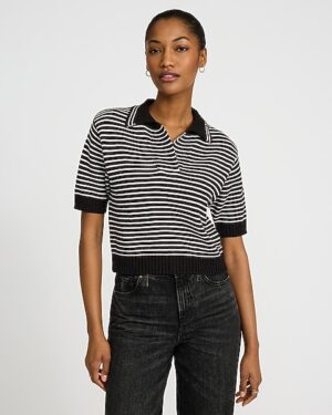 Striped Johnny Collar Short Sleeve Sweater