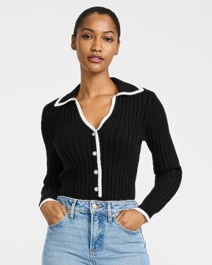 Fitted Contrast V-Neck Collar Ribbed Sweater