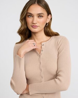 Fitted Ribbed Crew Neck Button Front Cardigan