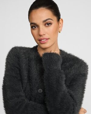 Fuzzy Brushed Crew Neck Cardigan