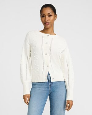 Cotton Crew Neck Pom Pom Cardigan