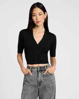 Ribbed V-Neck Short Sleeve Cardigan