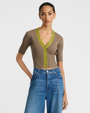Tipped Ribbed V-Neck Short Sleeve Cardigan