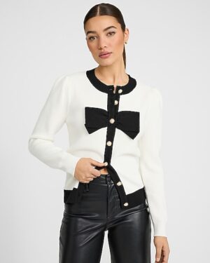 Tipped Bow Front Novelty Button Cardigan