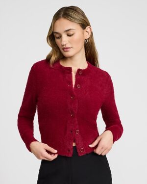 Fuzzy Crew Neck Button Front Cardigan