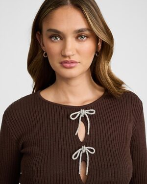 Ribbed Crew Neck Rhinestone Bow Cutaway Sweater