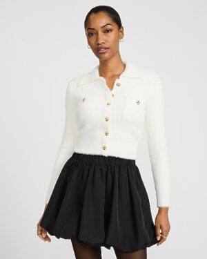 Fuzzy Collared Novelty Button Cardigan