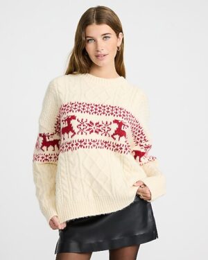 Striped Fair Isle Cable Knit Crew Neck Sweater