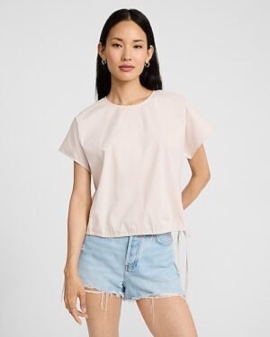 Stretch Cotton Poplin Crew Neck Side Tie Cinched Hem Top