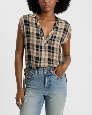 Plaid Collared V-Neck Drawstring Waist Top