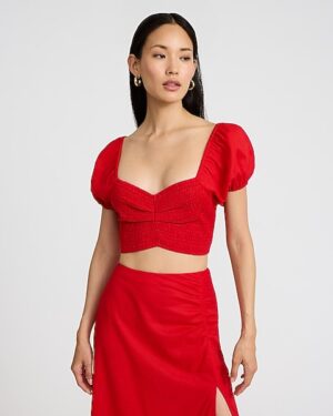 Linen-Blend Puff Sleeve Smocked Cropped Top