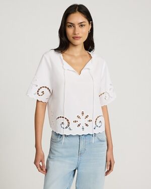 Eyelet Bow Tie Front Scalloped Hem Short Sleeve Top