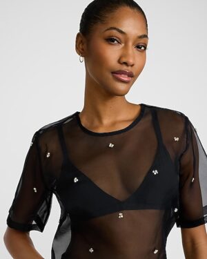 Embellished Sheer Organza Crew Neck Short Sleeve Tee