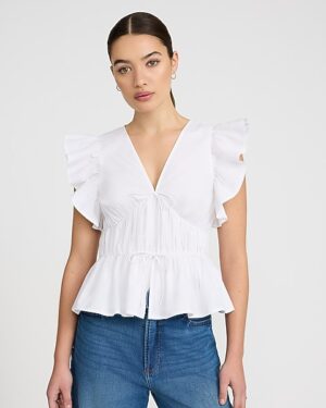 Stretch Cotton V-Neck Flutter Sleeve Tie Front Top