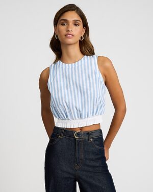 Striped Crew Neck Smocked Cinched Hem Tank