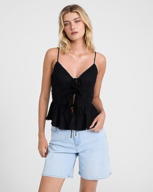 Linen-Blend V-Neck Tie Front Peplum Tank