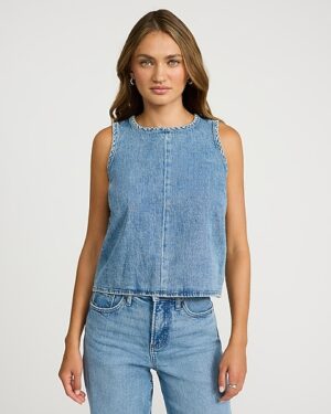 Light Wash Denim Crew Neck Sleeveless Tank