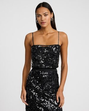 Printed Sequin Square Neck Sleeveless Bodysuit
