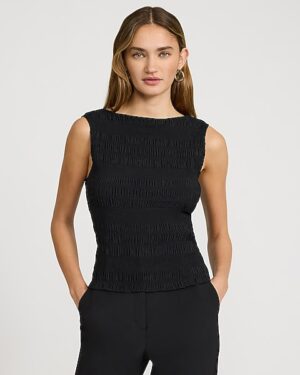Textured Smocked Boat Neck Tank