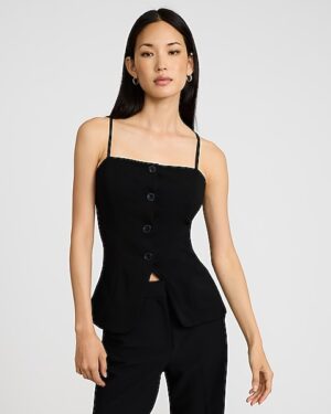 Crepe Square Neck Sleeveless Button Front Tailored Top