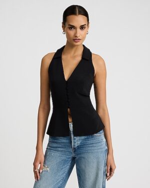 V-Neck Collared Button Front Split Hem Tailored Top