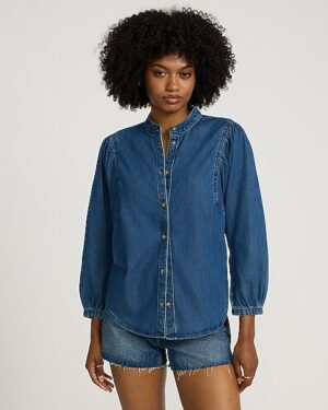 Medium Wash Denim Stand Collar Button Up Puff Sleeve Shirt