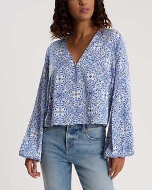 Printed V-Neck Balloon Sleeve Button Up Shirt