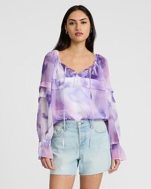 Printed Ruffle Tie Neck Long Sleeve Top
