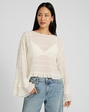 Sheer Striped Boat Neck Long Bell Sleeve Ruffle Top