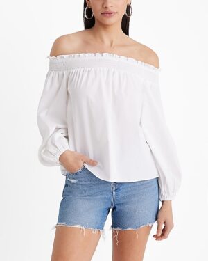 Poplin Off The Shoulder Balloon Sleeve Smocked Top
