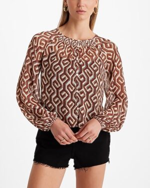 Printed Sheer Smocked Balloon Sleeve Button Up Shirt