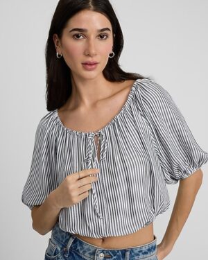 Striped Short Sleeve Tie Front Cropped Top