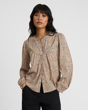 Leopard Collarless Long Sleeve Shirt