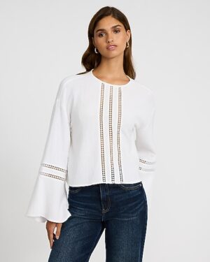 Eyelet Gauze Crew Neck Bell Sleeve Top