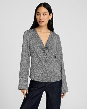 Satin V-Neck Long Sleeve Bow Front Top