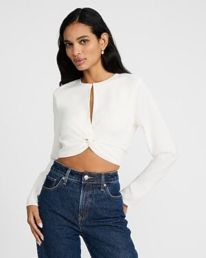 Crepe Crew Neck Long Sleeve Twist Front Cropped Top