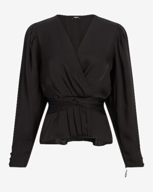 Satin V-Neck Twist Front Peplum Top