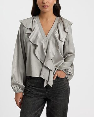 Satin Clip Dot V-Neck Long Sleeve Button Front Ruffle Top