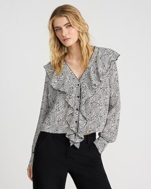 Zebra Print Ruffle Front Long Sleeve Top