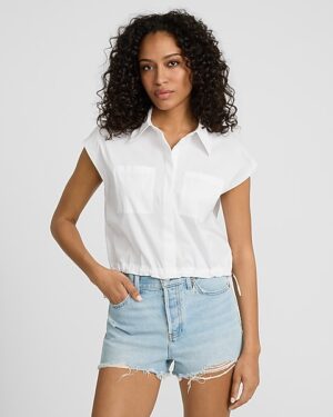 Cap Sleeve Double Pocket Adjustable Hem Shirt