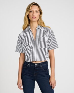 Striped Collared V-Neck Double Pocket Cropped Shirt