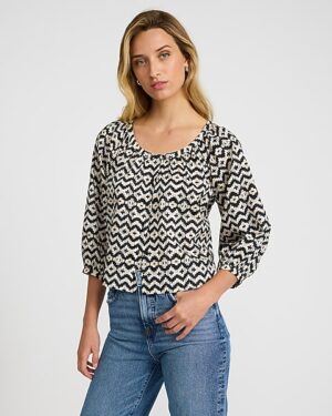 Cotton Voile Printed Scoop Neck Balloon Sleeve Button Front Top