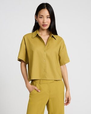 Linen-Blend Short Sleeve Cropped Shirt